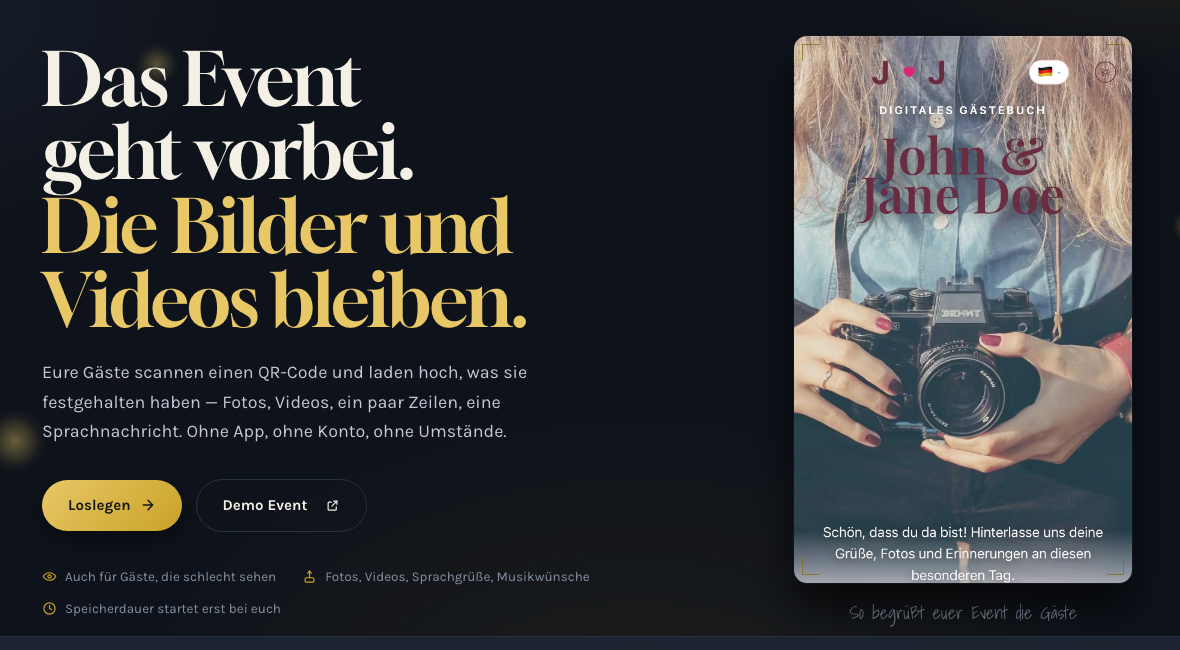 Gästly-Startseite: Das Event geht vorbei, die Bilder und Videos bleiben. Daneben ein Beispiel-Gästebuch von John und Jane Doe